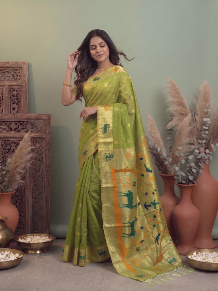 MEHENDI GREEN SOFT COTTON SILK JACQUARD SAREE WITH GOLDEN ZARI BORDER | DEER & TREE MOTIF DESIGNER SAREE WITH UNSTITCHED BLOUSE PIECE