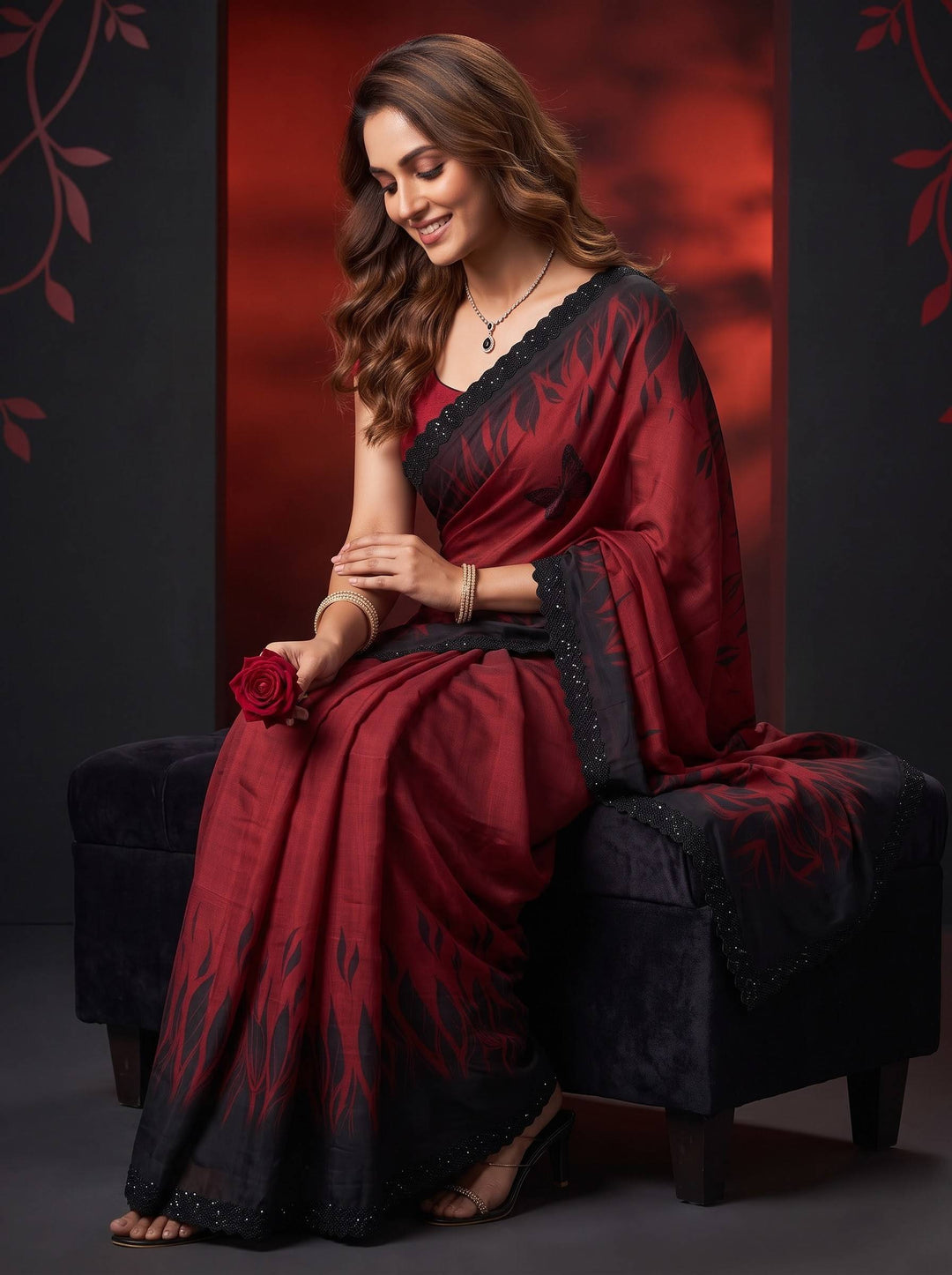 EMERALD GLOW DARK RED SAREE