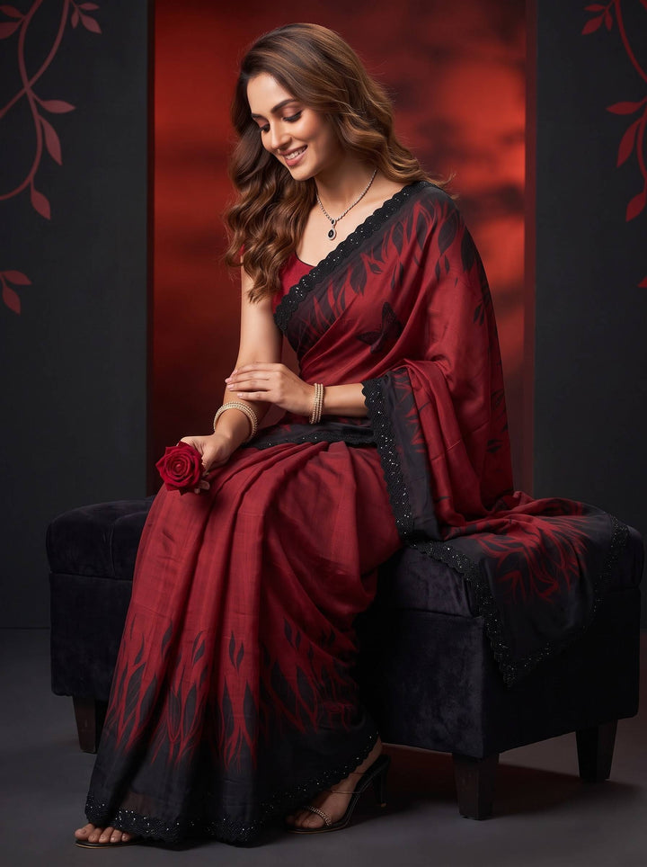 EMERALD GLOW DARK RED SAREE