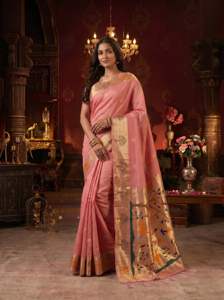 PEACH PINK SOFT COTTON SILK JACQUARD SAREE WITH COPPER-GOLDEN ZARI BORDER | NATURE-INSPIRED TREE & DEER MOTIF SAREE WITH UNSTITCHED BLOUSE