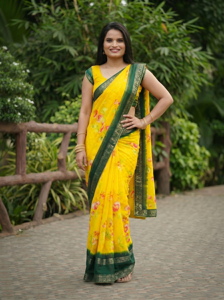 LEMON YELLOW & BOTTLE GREEN FLORAL DIGITAL PRINT SAREE | PREMIUM LIGHTWEIGHT GEORGETTE ETHNIC WEAR