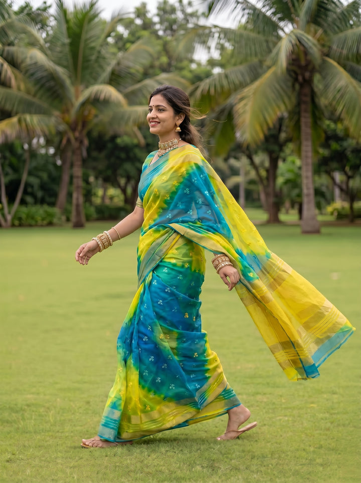 PREMIUM LIGHTWEIGHT GEORGETTE LEHERIYA SAREE WITH GOLDEN BUTTI & ZARI WOVEN BORDER - BLUE & YELLOW