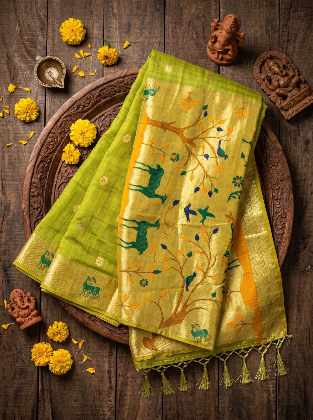 MEHENDI GREEN SOFT COTTON SILK JACQUARD SAREE WITH GOLDEN ZARI BORDER | DEER & TREE MOTIF DESIGNER SAREE WITH UNSTITCHED BLOUSE PIECE