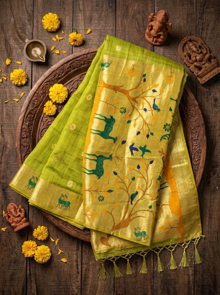 MEHENDI GREEN SOFT COTTON SILK JACQUARD SAREE WITH GOLDEN ZARI BORDER | DEER & TREE MOTIF DESIGNER SAREE WITH UNSTITCHED BLOUSE PIECE