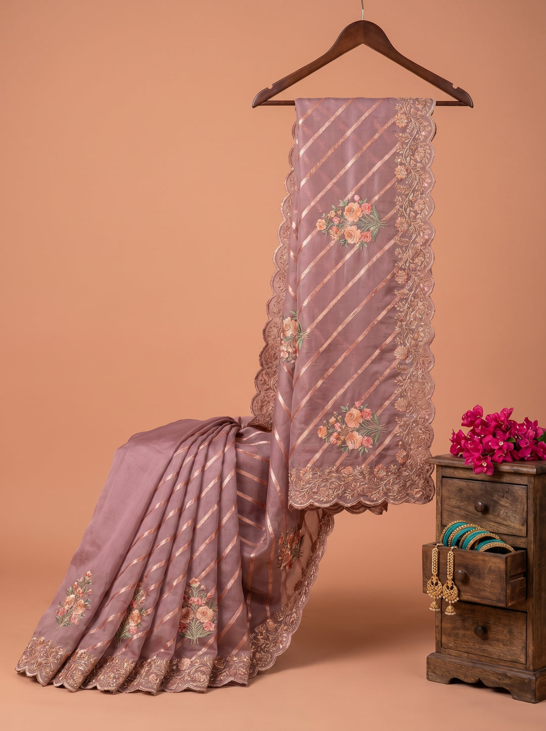 Mauve Organza Silk Leheriya Saree