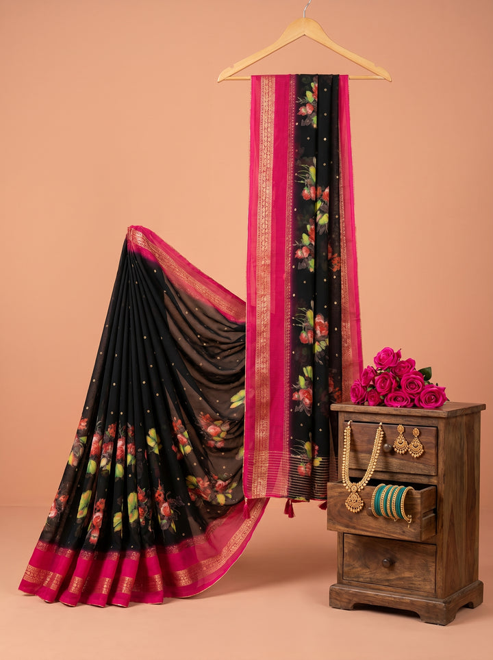 Designer Black Printed Saree with Pink Border