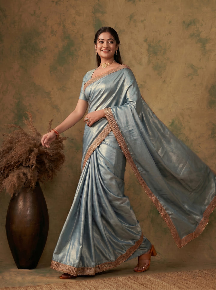 STUNNING DUSTY BLUE METALLIC GEORGETTE SAREE | ROSE-GOLD CUTWORK BORDER DESIGNER ETHNIC WEAR | GLAMOROUS STEEL GREY PARTY WEAR SAREE