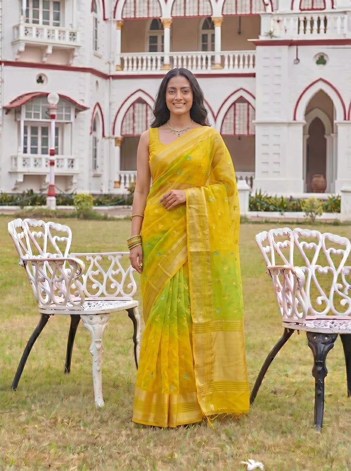WOMEN'S YELLOW & GREEN GEORGETTE LEHERIYA PRINT SAREE WITH GOLDEN BUTTI WORK | SOFT ART SILK FESTIVE SAREE FOR HALDI & MEHENDI WITH UNSTITCHED BLOUSE