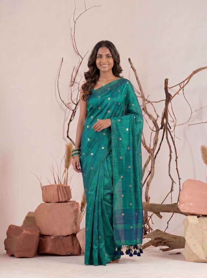 RAMA GREEN SOFT SILK BLEND SAREE WITH MIRROR WORK BUTTI & STYLISH TASSELS | CHANDERI SILK PARTY WEAR SAREE WITH UNSTITCHED BLOUSE PIECE