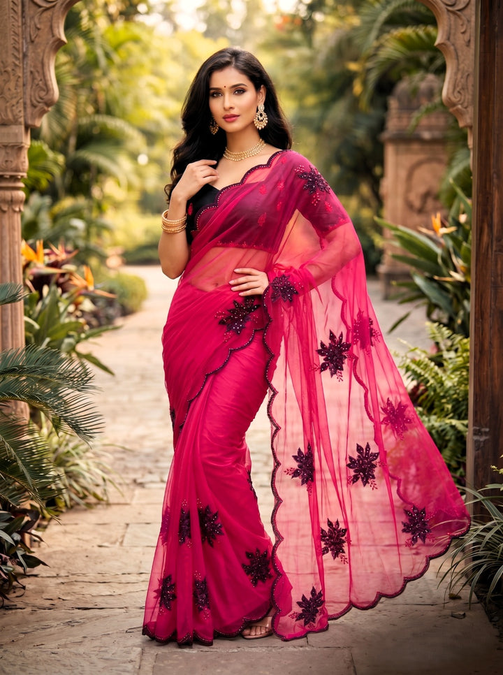 BLACKBERRY ELEGANT CHERRY RED GEORGETTE SAREE - BLACK STONE MOTIF WORK & CUT-WORK BORDER