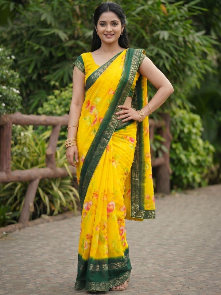 Yellow Floral Print Georgette Saree with Green Border