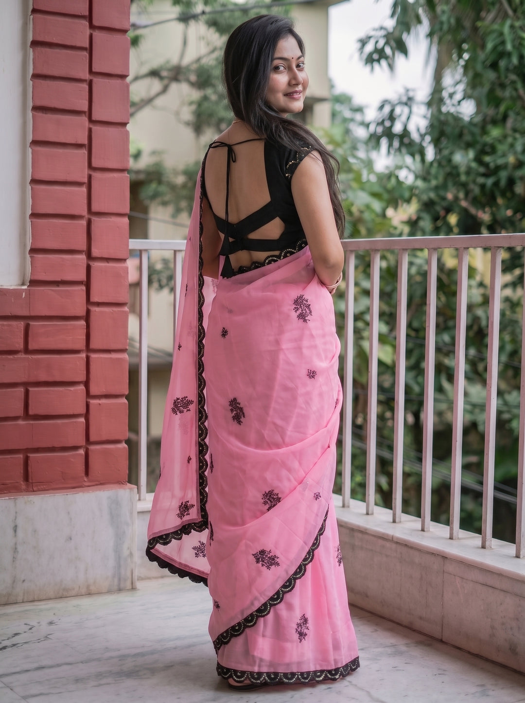 ROSE PINK CHIFFON SAREE WITH BLACK FLORAL EMBROIDERY