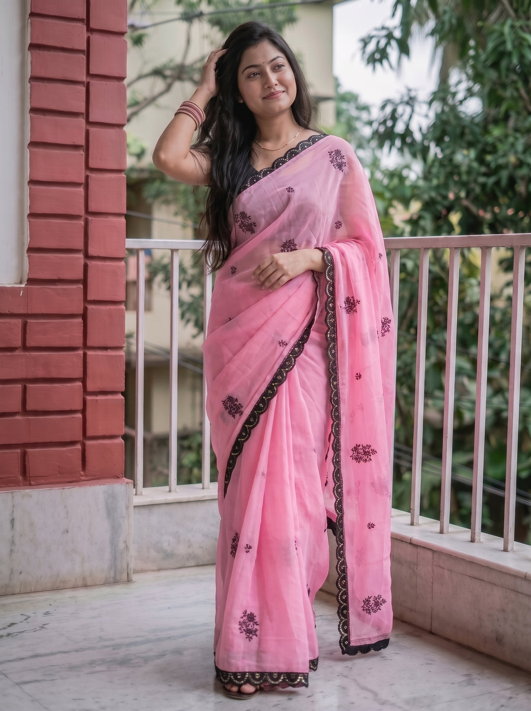 ROSE PINK CHIFFON SAREE WITH BLACK FLORAL EMBROIDERY