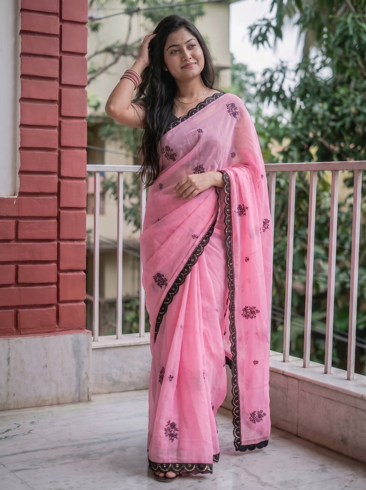 ROSE PINK CHIFFON SAREE WITH BLACK FLORAL EMBROIDERY