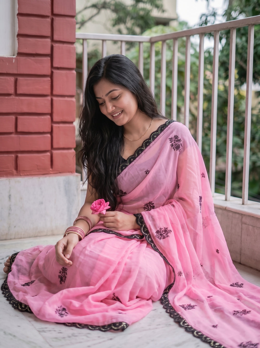 ROSE PINK CHIFFON SAREE WITH BLACK FLORAL EMBROIDERY