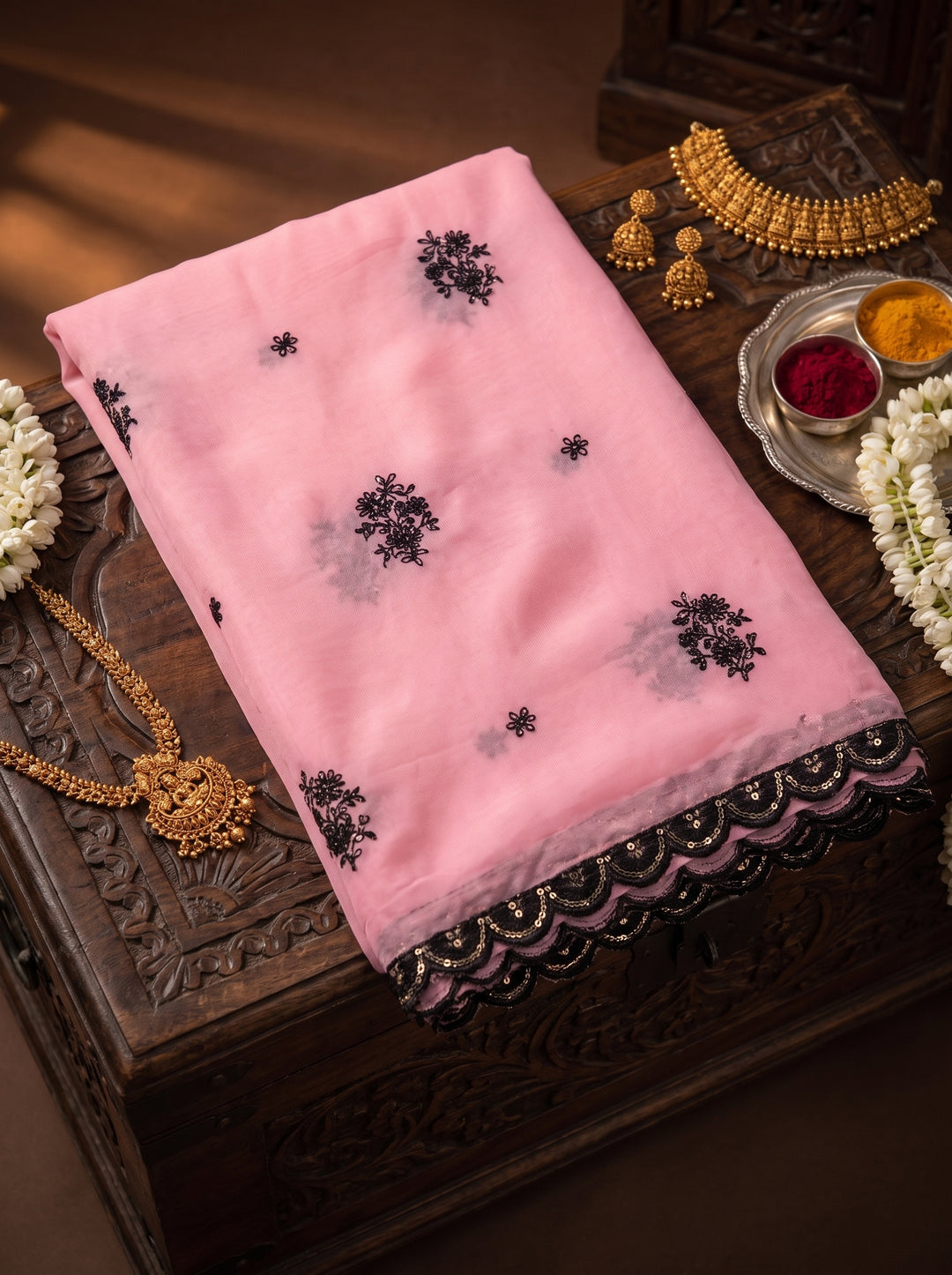 ROSE PINK CHIFFON SAREE WITH BLACK FLORAL EMBROIDERY