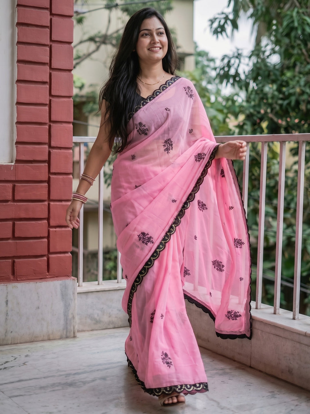 ROSE PINK CHIFFON SAREE WITH BLACK FLORAL EMBROIDERY