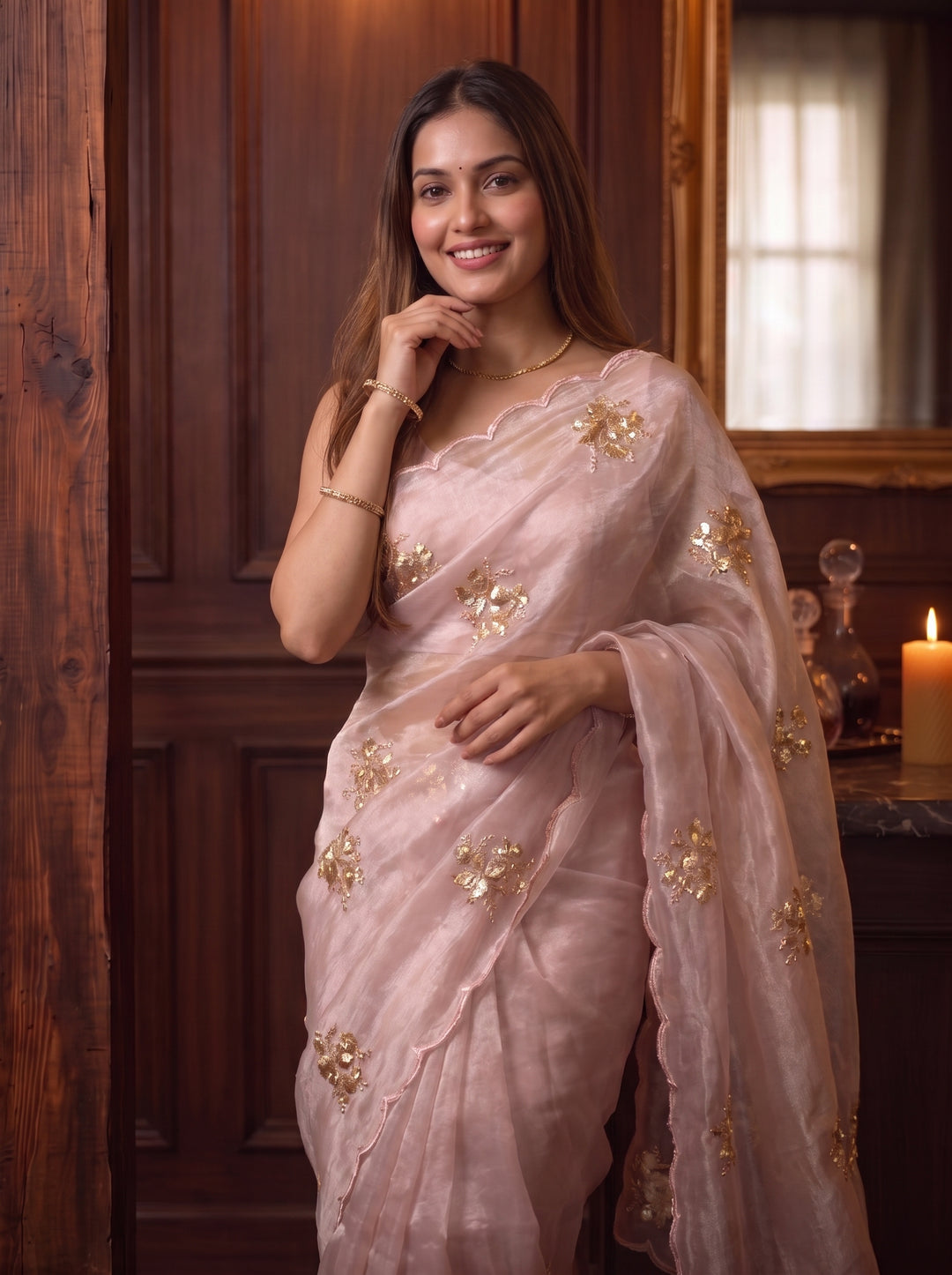 BLUSH PINK ORGANZA SAREE WITH GOLD FLORAL EMBROIDERY