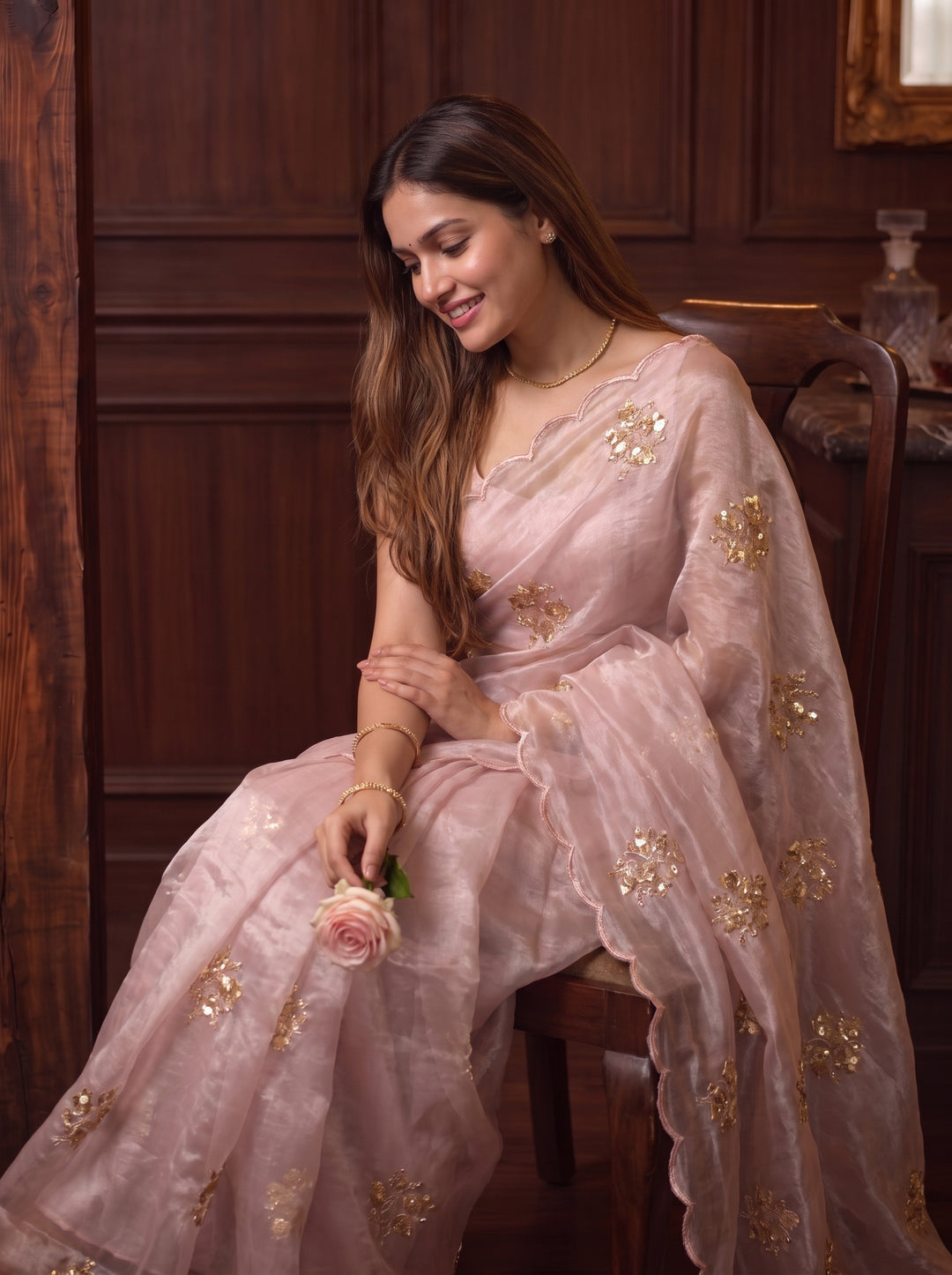 BLUSH PINK ORGANZA SAREE WITH GOLD FLORAL EMBROIDERY