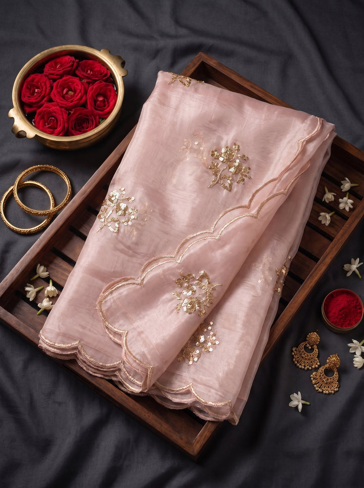 BLUSH PINK ORGANZA SAREE WITH GOLD FLORAL EMBROIDERY