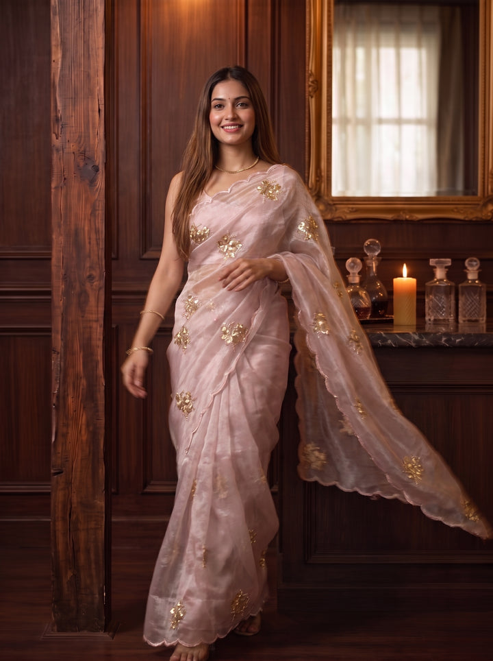 BLUSH PINK ORGANZA SAREE WITH GOLD FLORAL EMBROIDERY