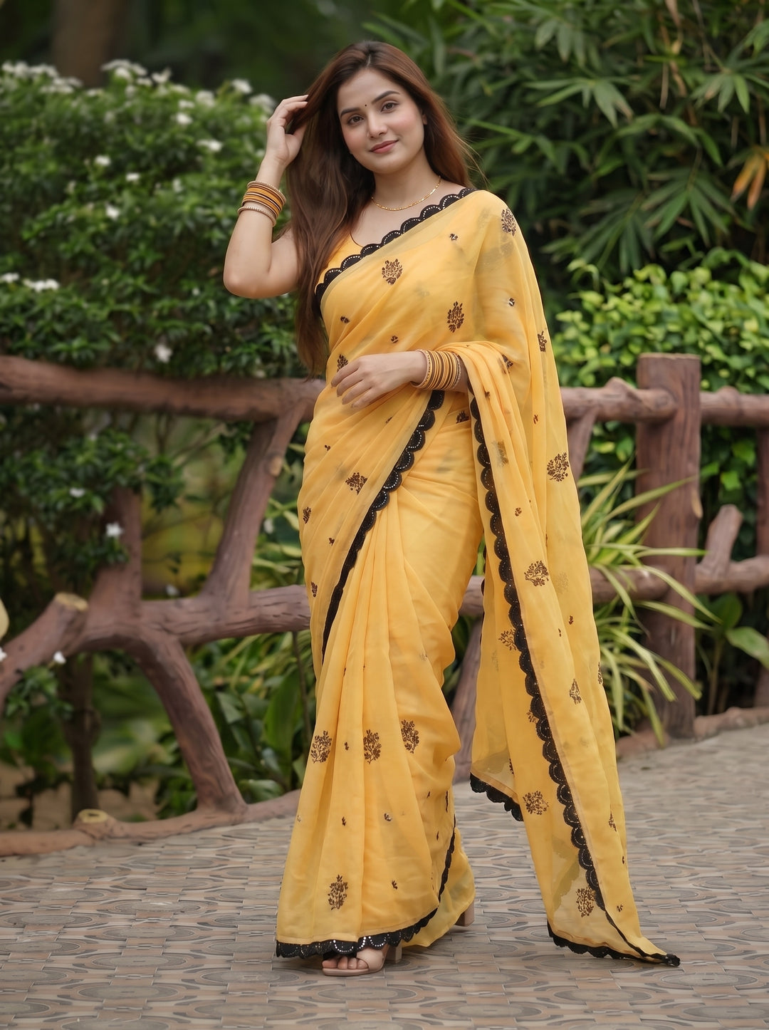 HALDI SPECIAL YELLOW DESIGNER SAREE WITH BLACK THREADWORK LACE