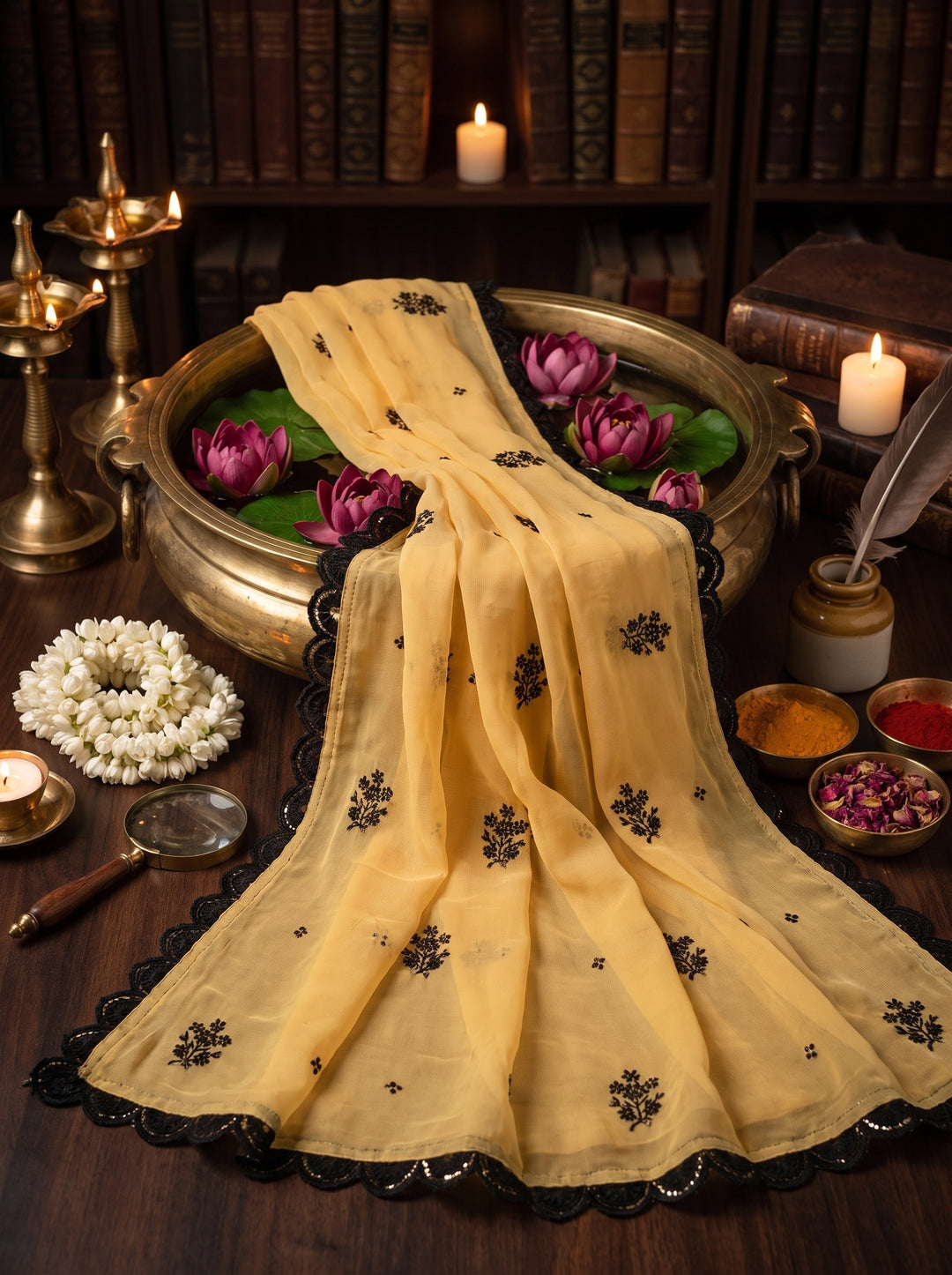 HALDI SPECIAL YELLOW DESIGNER SAREE WITH BLACK THREADWORK LACE