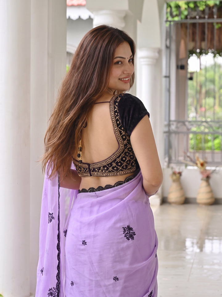 LILAC CHIFFON SAREE WITH BLACK FLORAL EMBROIDERY