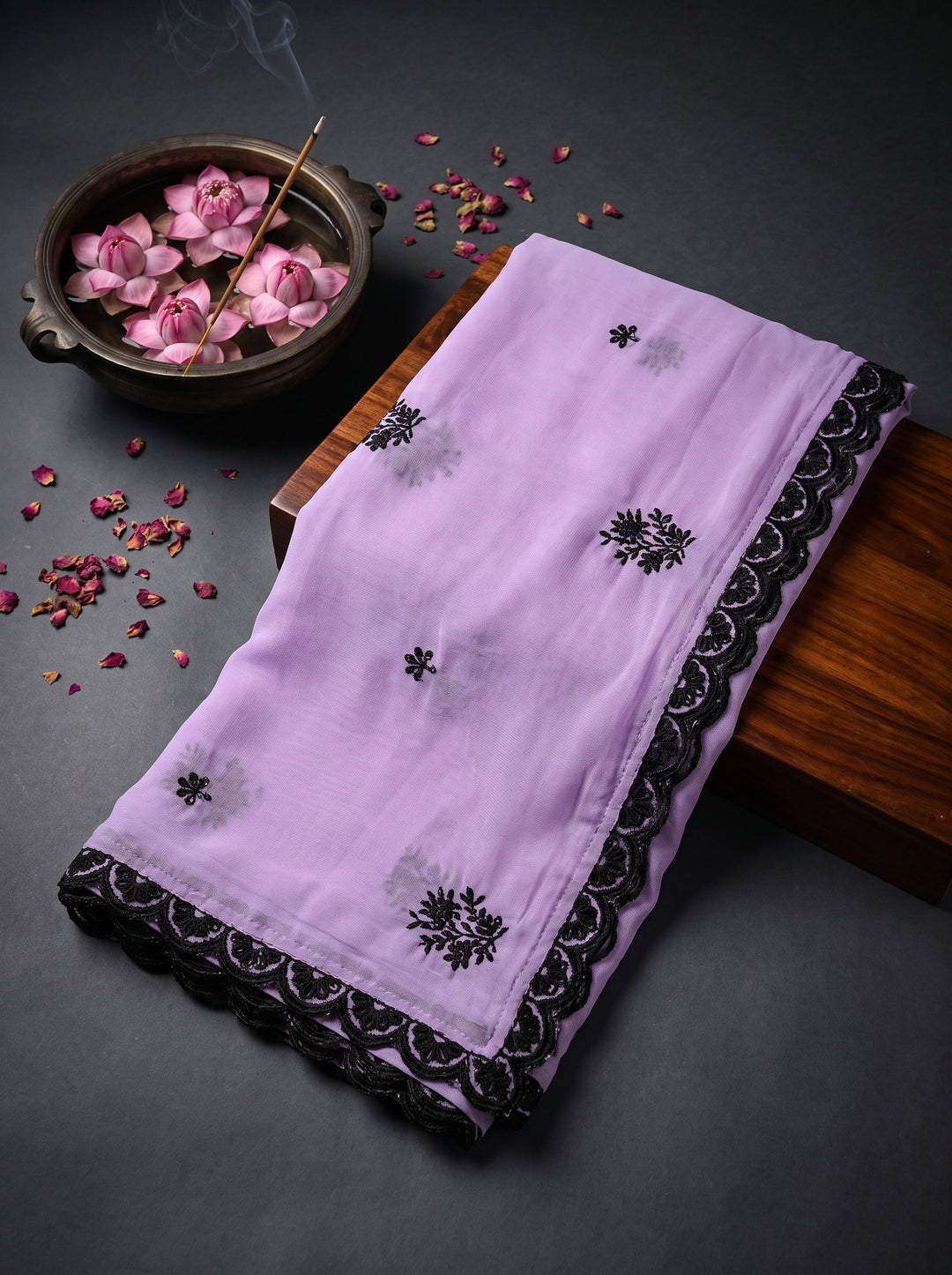 LILAC CHIFFON SAREE WITH BLACK FLORAL EMBROIDERY