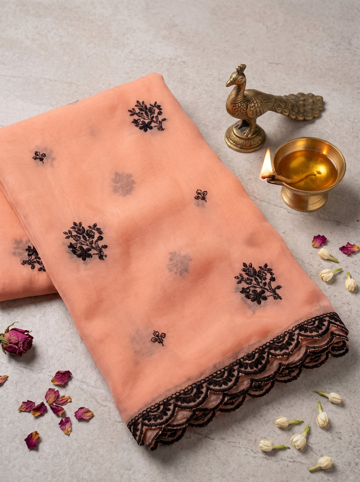 PEACH GEORGETTE SAREE WITH BLACK SCALLOPED BORDER
