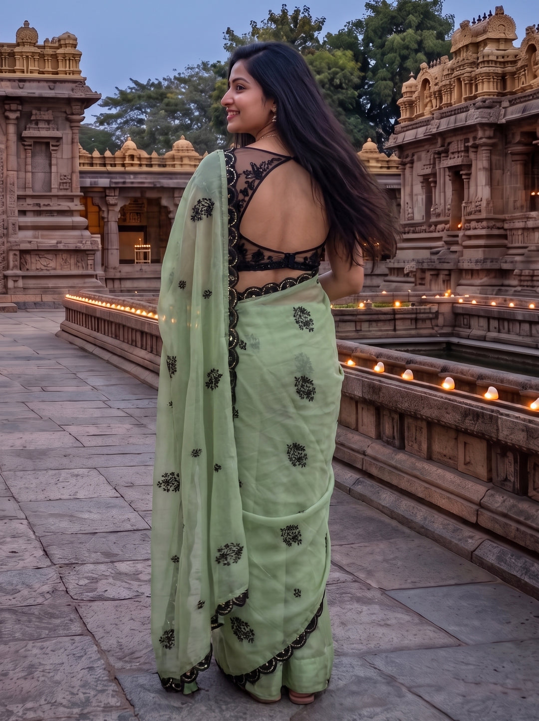 PASTEL GREEN DESIGNER SAREE WITH BLACK THREADWORK LACE