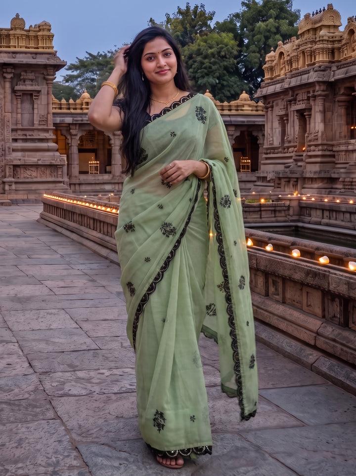 PASTEL GREEN DESIGNER SAREE WITH BLACK THREADWORK LACE