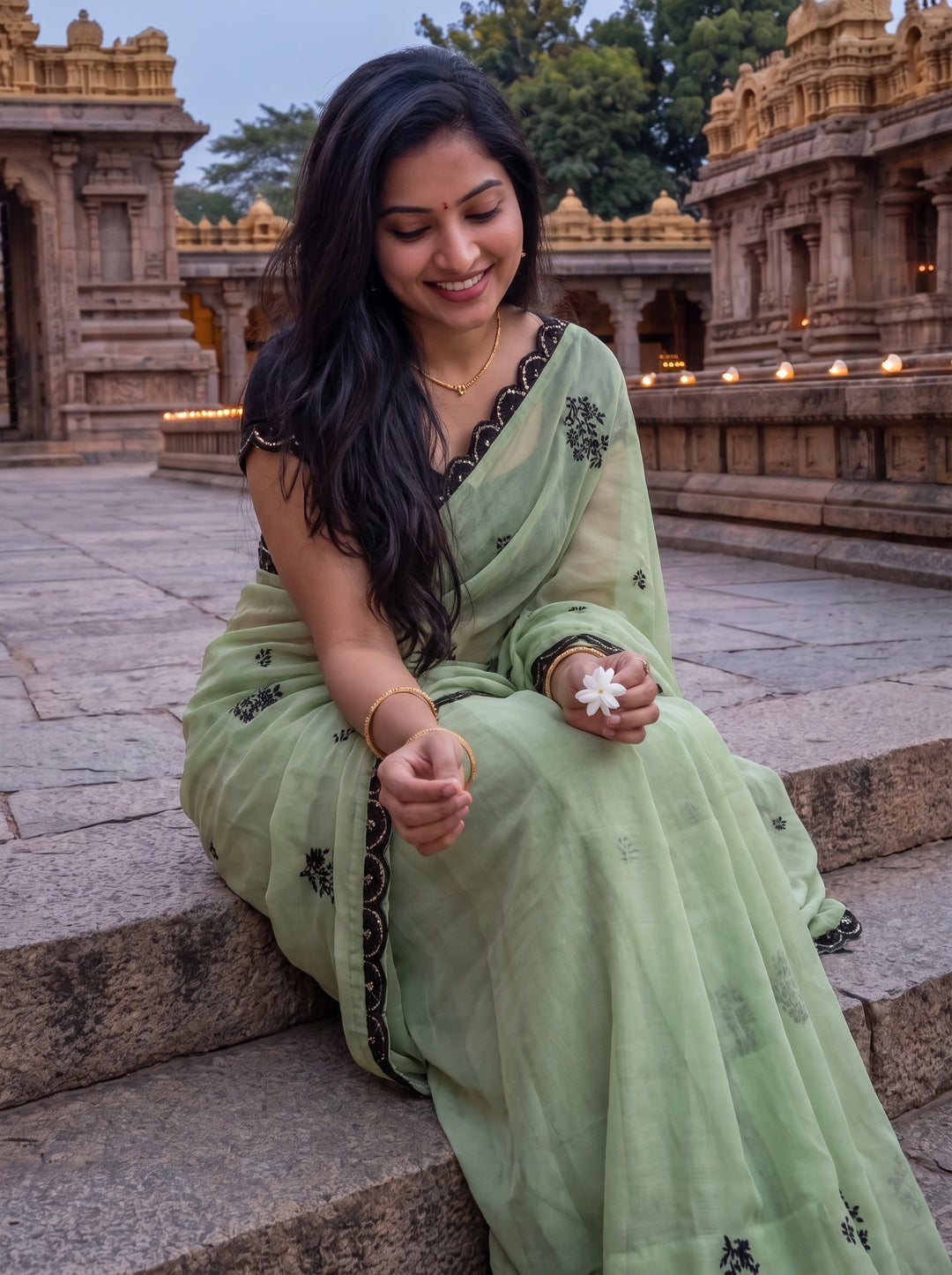 PASTEL GREEN DESIGNER SAREE WITH BLACK THREADWORK LACE