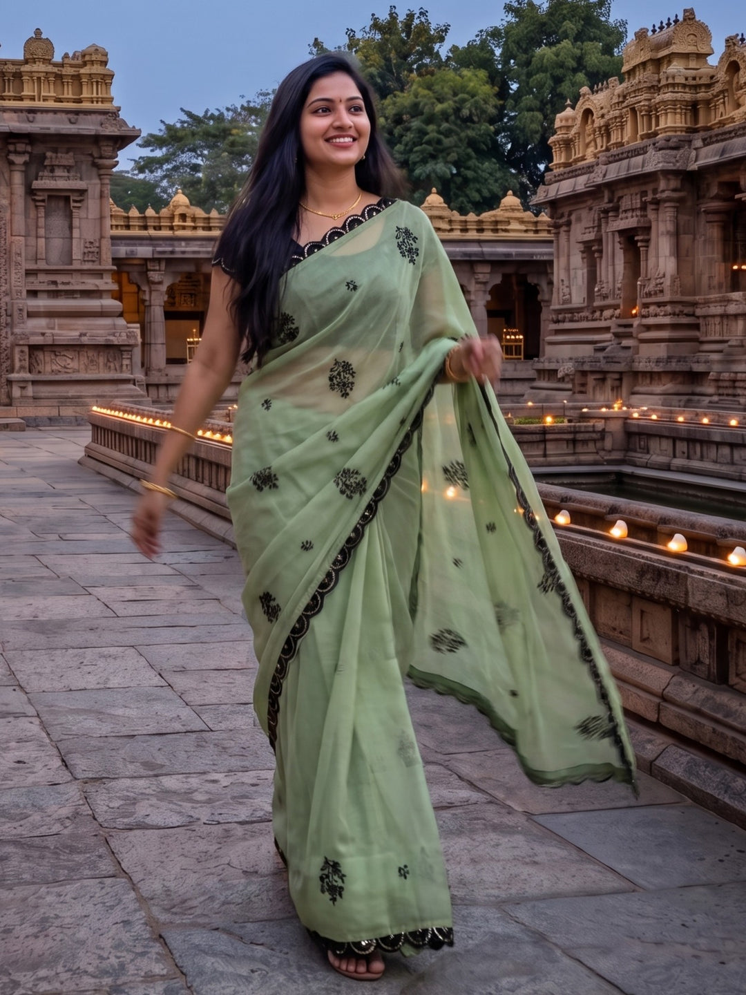 PASTEL GREEN DESIGNER SAREE WITH BLACK THREADWORK LACE