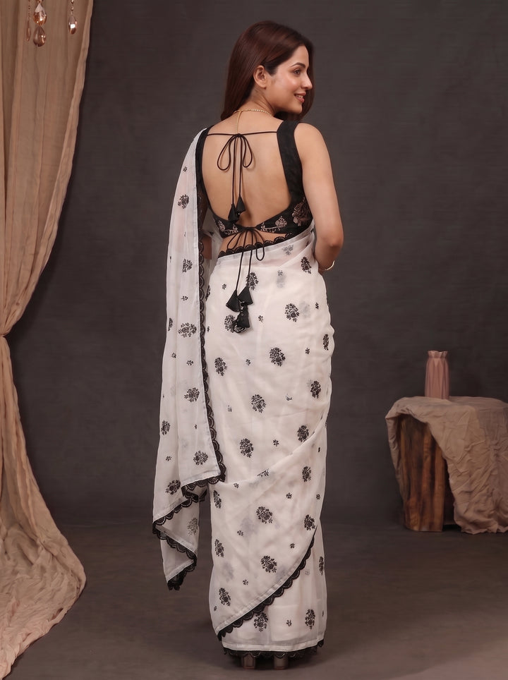 CLASSIC IVORY DESIGNER SAREE WITH BLACK THREADWORK LACE