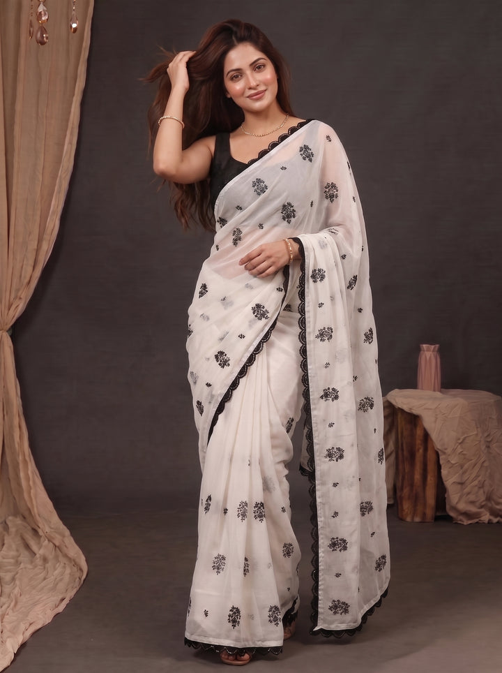 CLASSIC IVORY DESIGNER SAREE WITH BLACK THREADWORK LACE