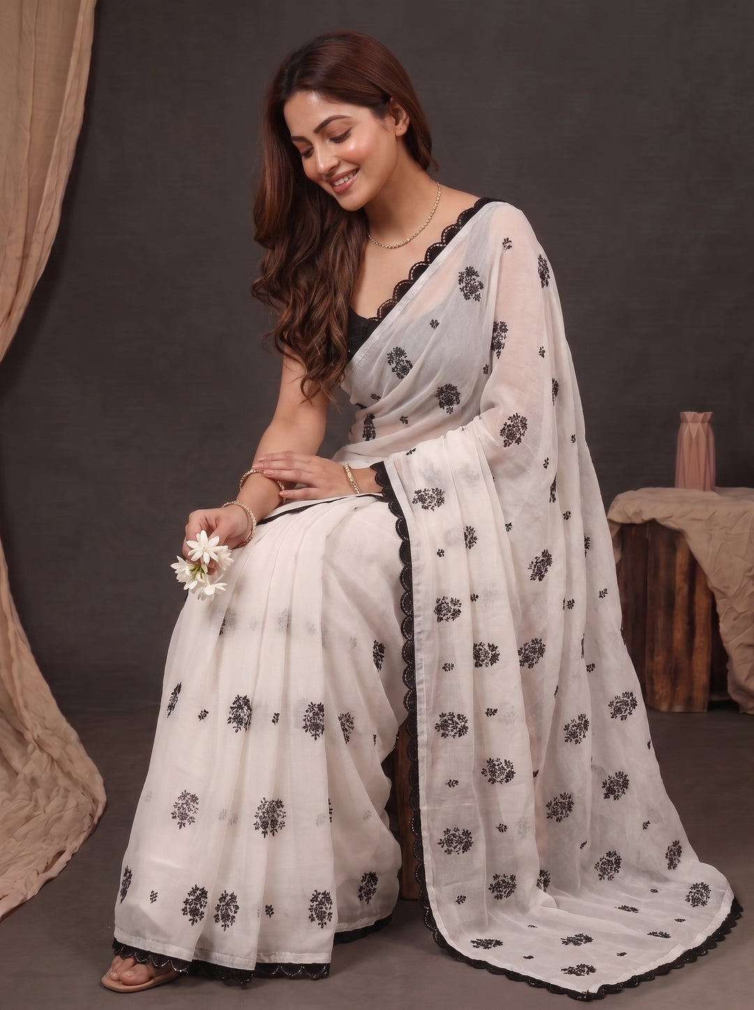 CLASSIC IVORY DESIGNER SAREE WITH BLACK THREADWORK LACE
