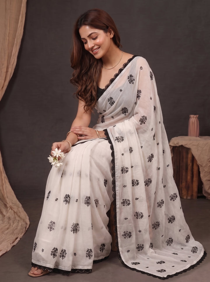 CLASSIC IVORY DESIGNER SAREE WITH BLACK THREADWORK LACE