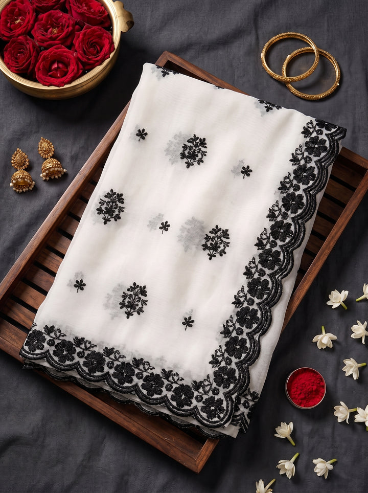 CLASSIC IVORY DESIGNER SAREE WITH BLACK THREADWORK LACE