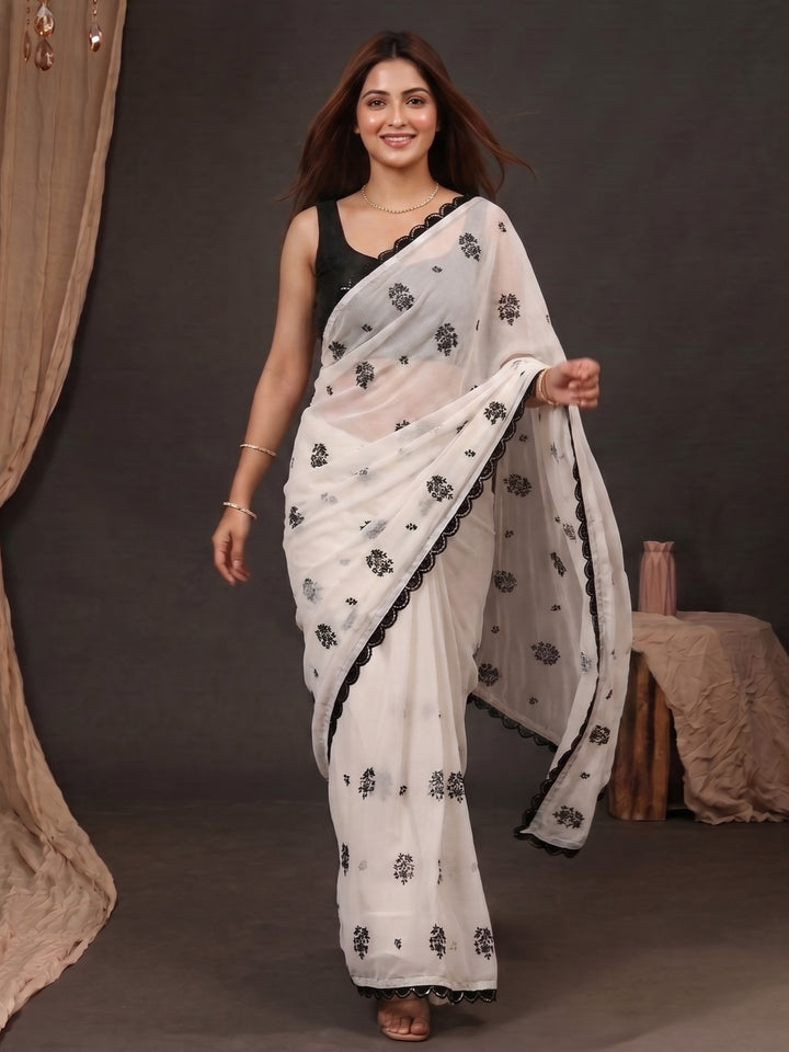 CLASSIC IVORY DESIGNER SAREE WITH BLACK THREADWORK LACE