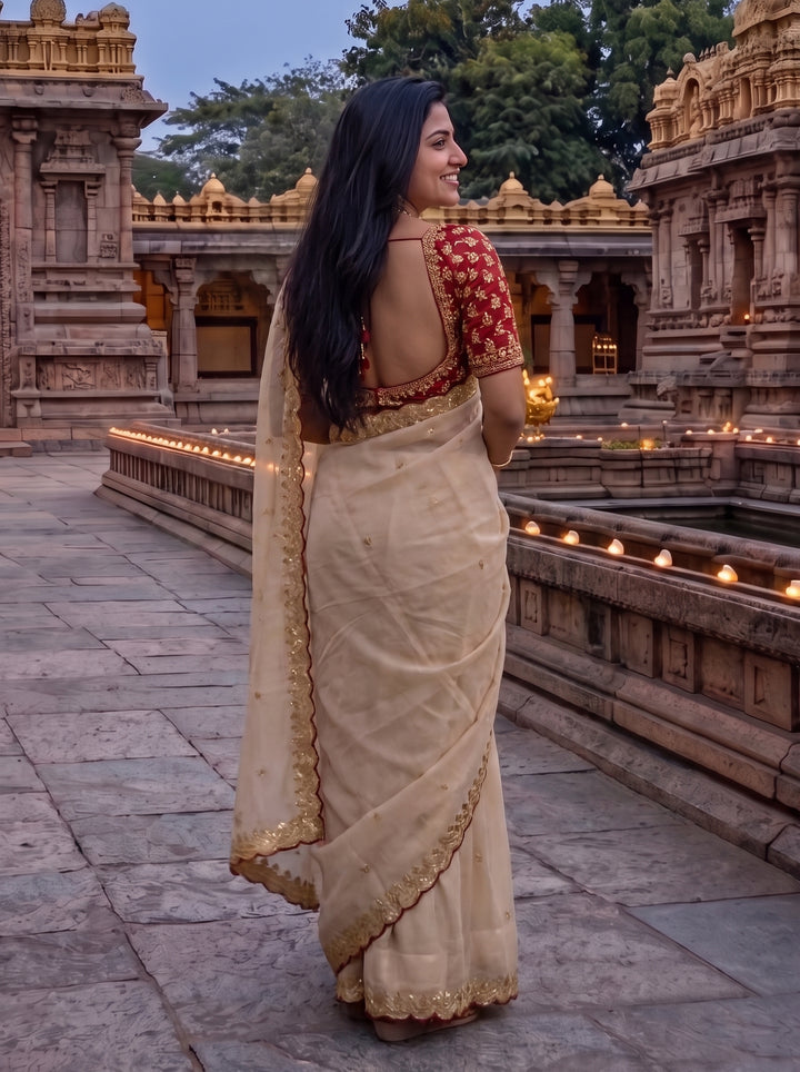 TRADITIONAL IVORY DESIGNER SAREE WITH GOLD THREADWORK