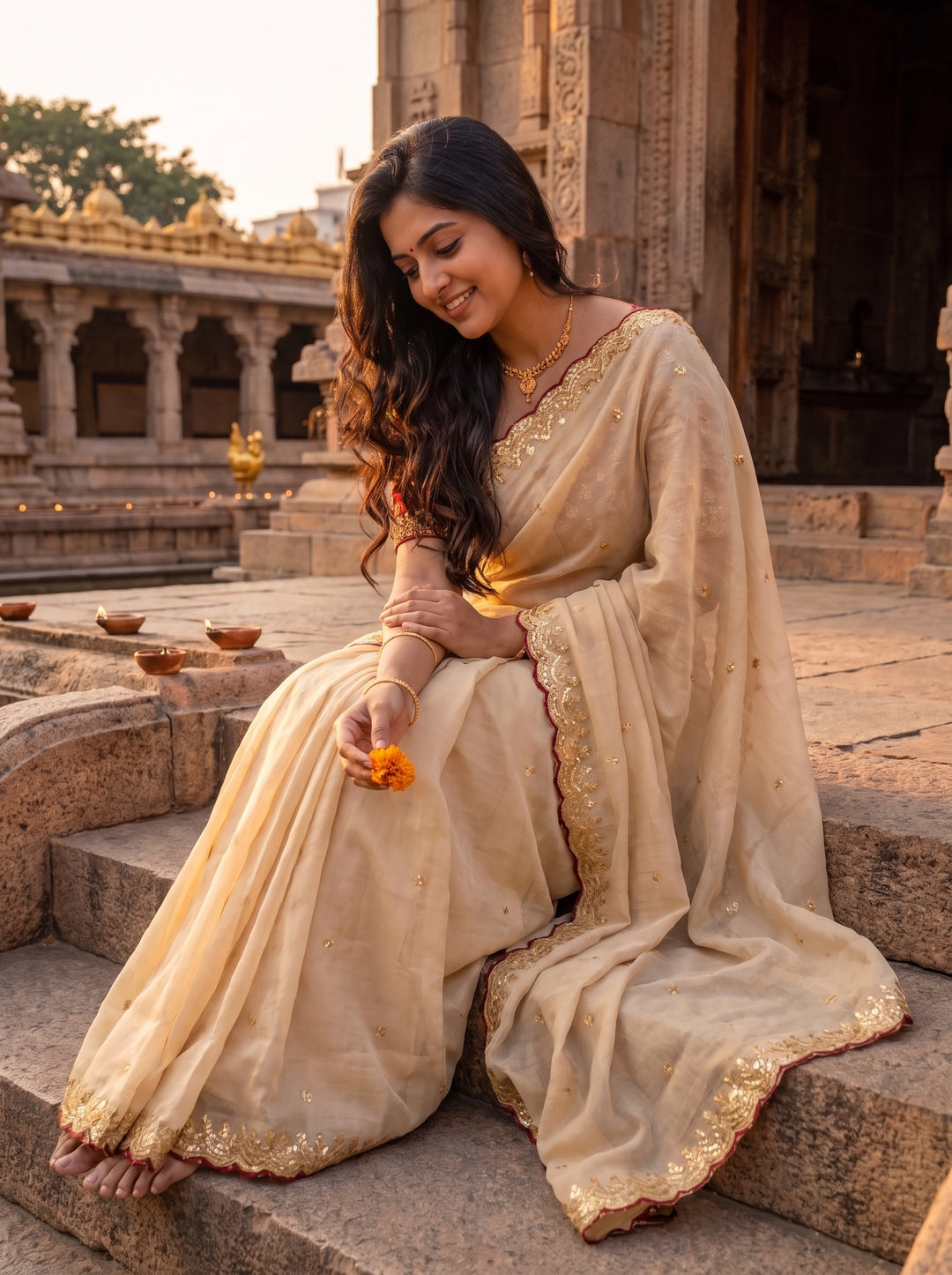 TRADITIONAL IVORY DESIGNER SAREE WITH GOLD THREADWORK