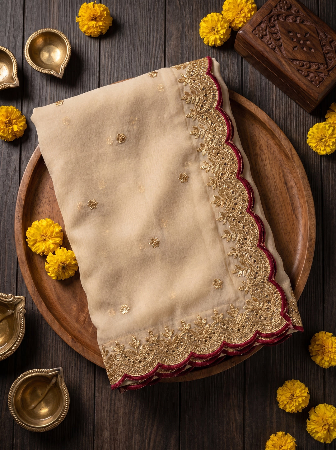 TRADITIONAL IVORY DESIGNER SAREE WITH GOLD THREADWORK