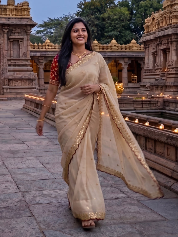TRADITIONAL IVORY DESIGNER SAREE WITH GOLD THREADWORK