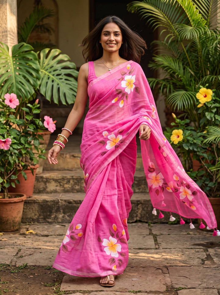 MUL COTTON FLORAL PINK SAREE