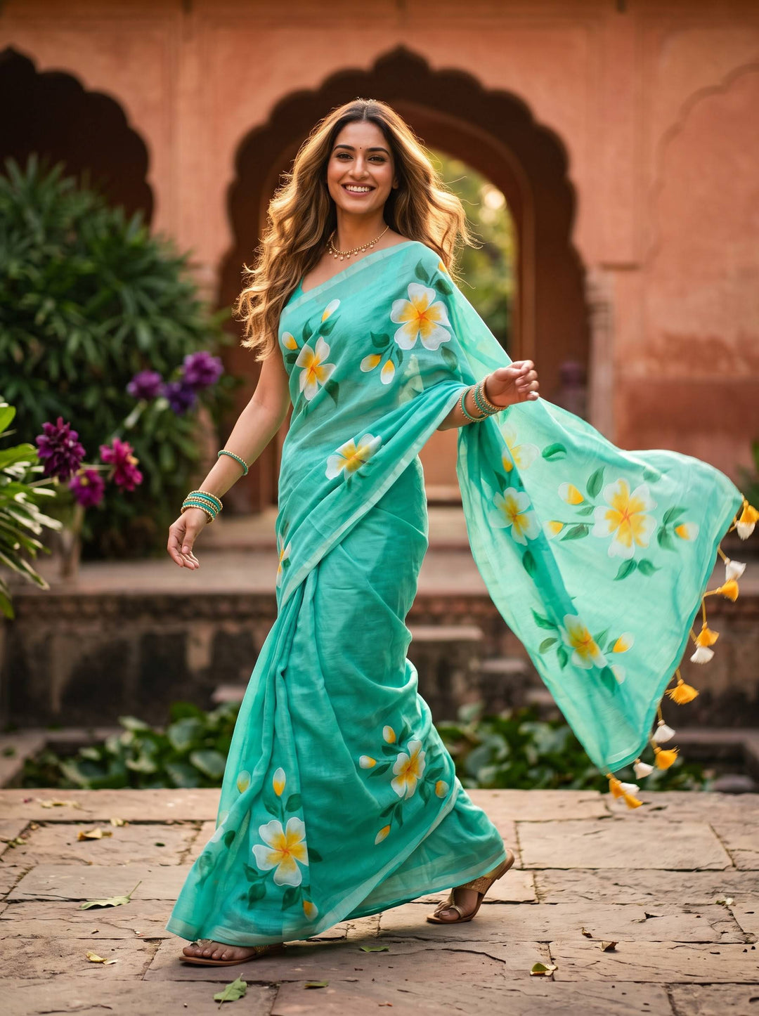 MUL COTTON FLORAL LIGHT GREEN SAREE