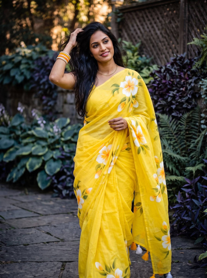 MUL COTTON FLORAL LIGHT YELLOW SAREE