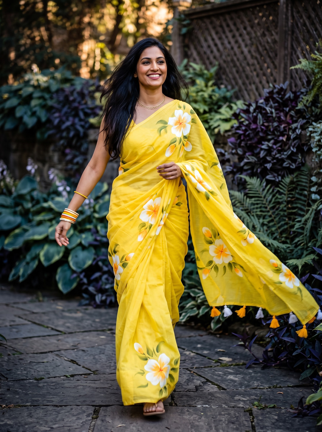 MUL COTTON FLORAL LIGHT YELLOW SAREE