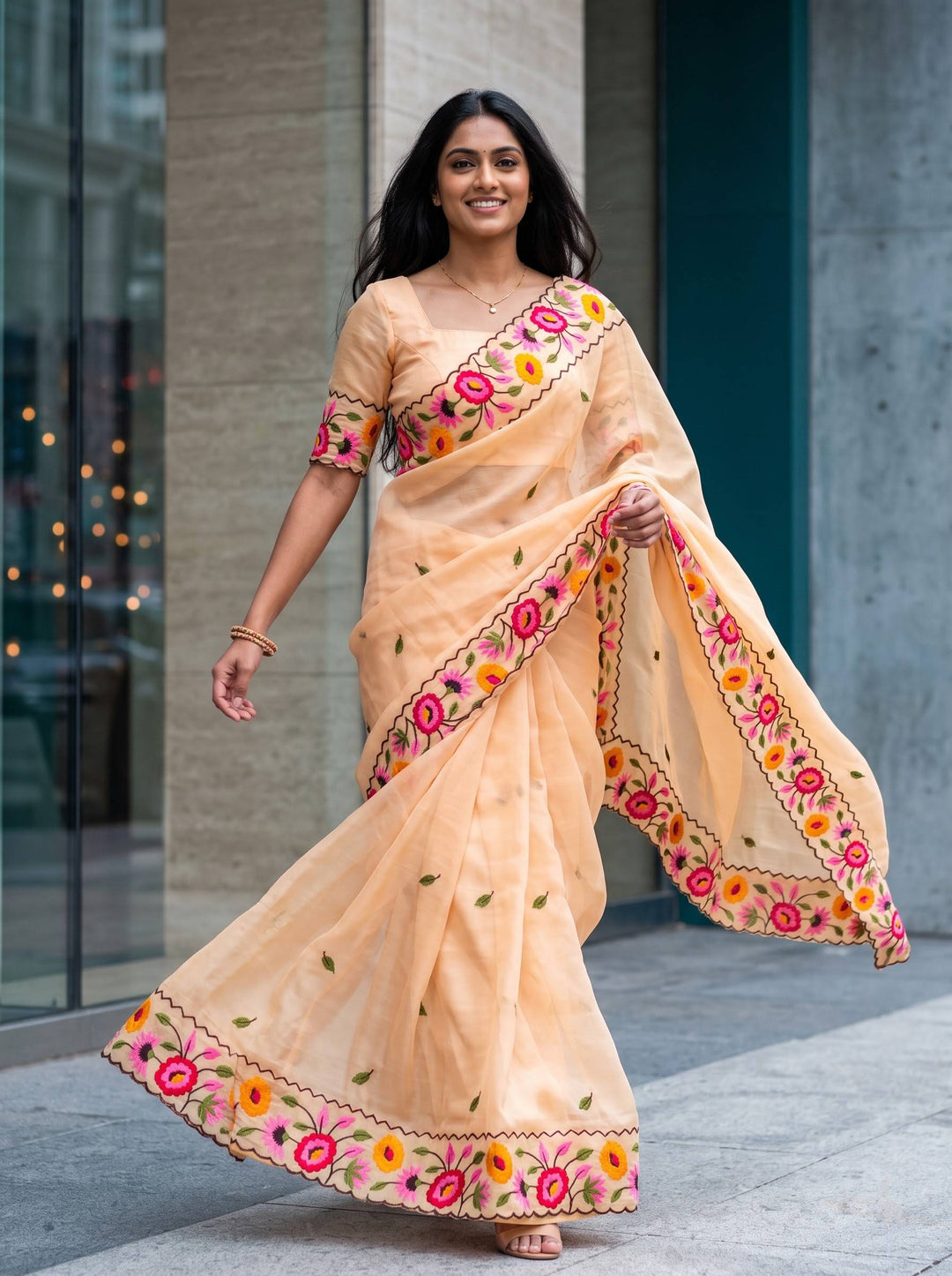 KAJOL FLORAL EMBROIDERED YELLOW SAREE