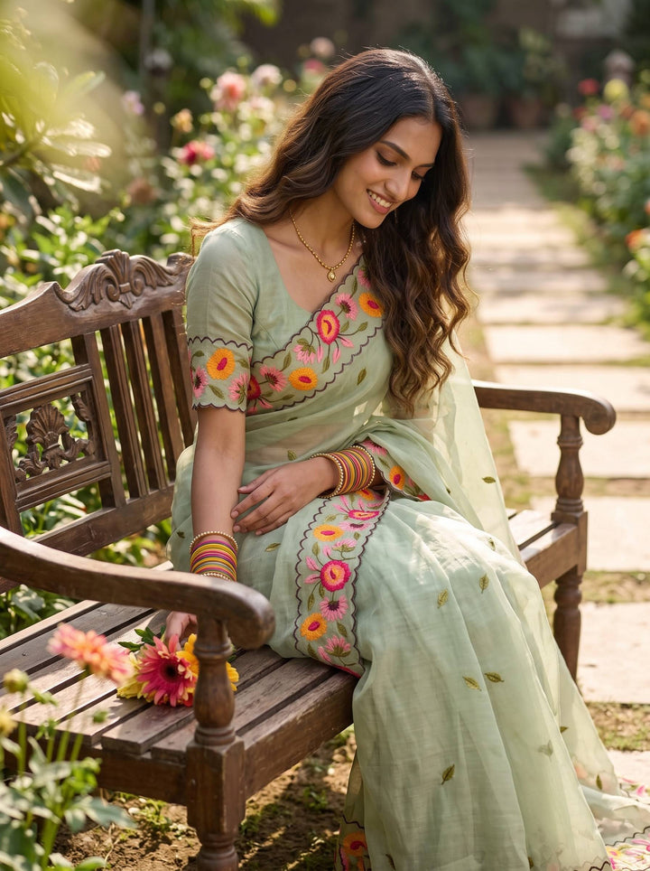 KAJAL SCALLOPED FLORAL LIGHT GREEN SAREE